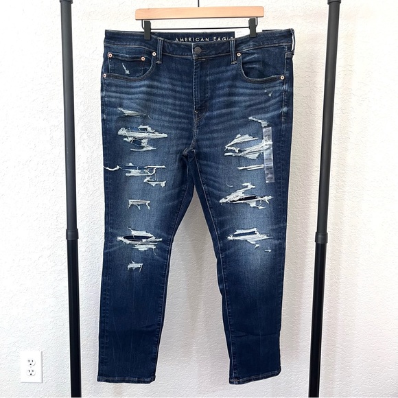 NEW American Eagle AirFlex+ Ultrasoft Skinny Ripped Dark Wash Jean Men’s 40x30 - Picture 2 of 9